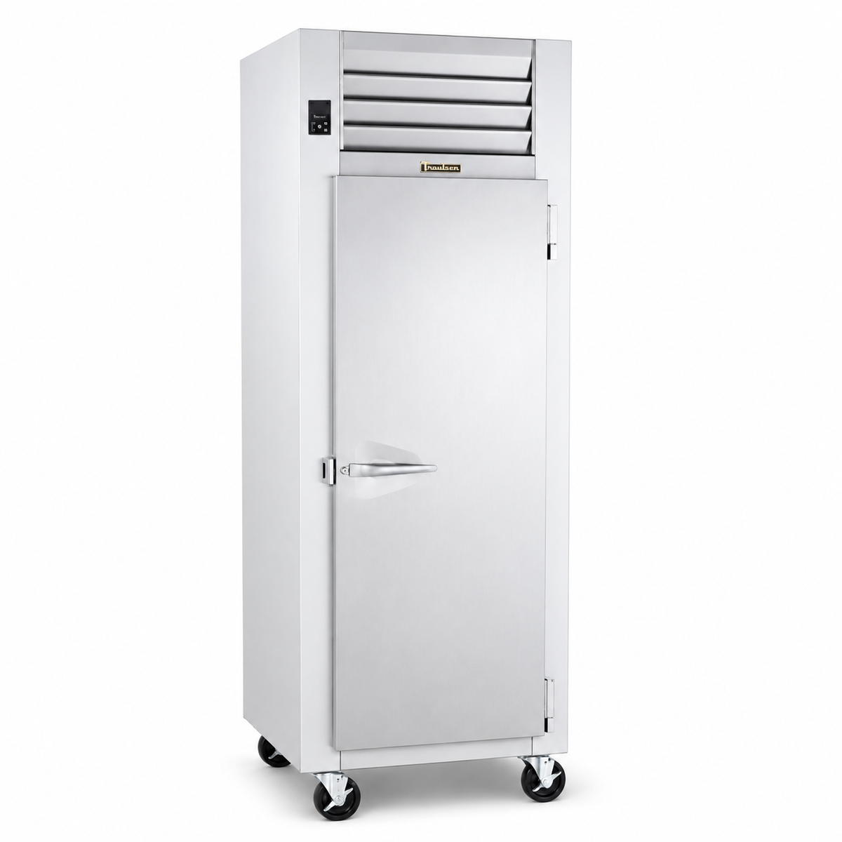 A tall white commercial refrigerator with a single door, front handle, top ventilation grates, and caster wheels, shown on a plain white background.