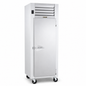 A tall white commercial refrigerator with a single door, front handle, top ventilation grates, and caster wheels, shown on a plain white background.